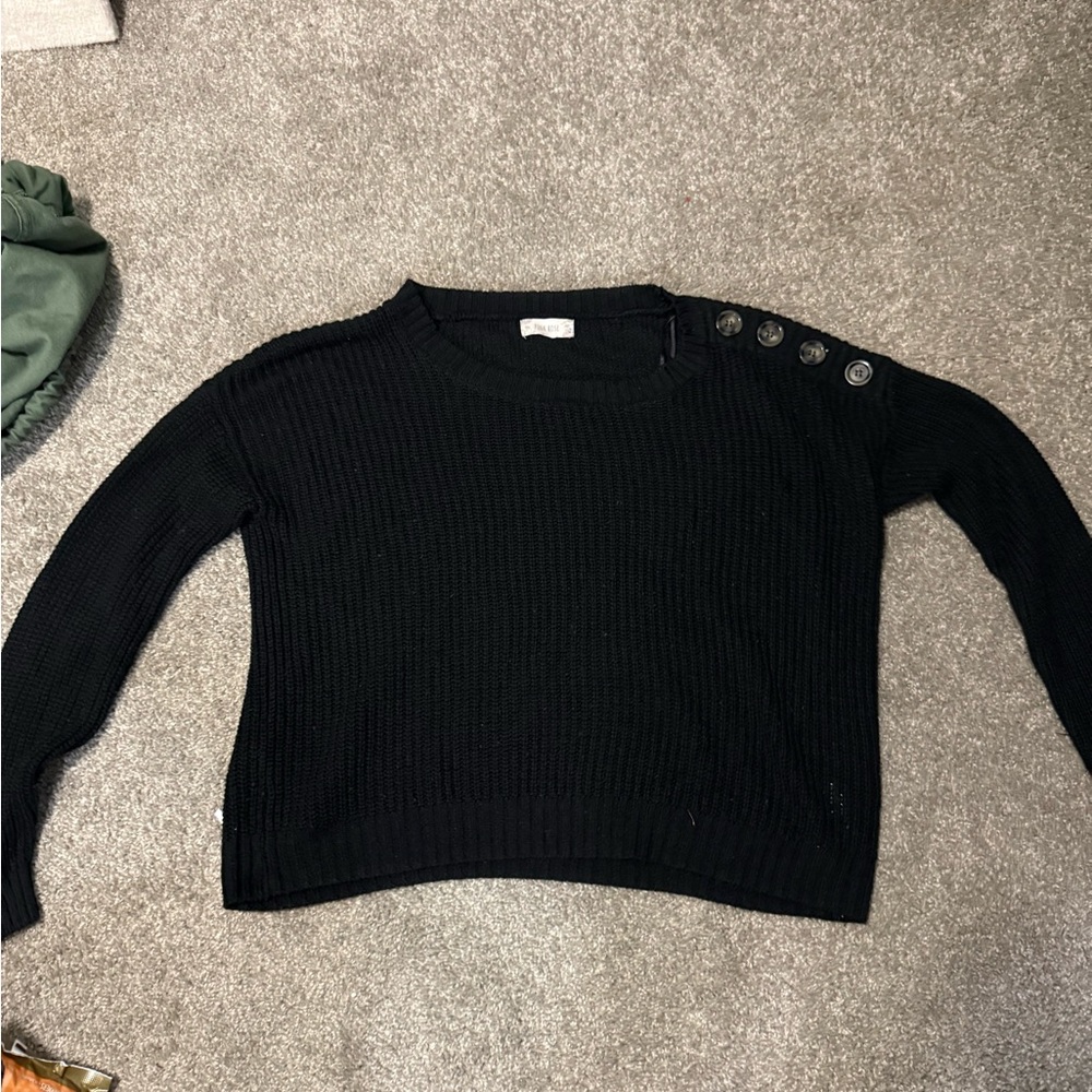 Pink Rose Black Sweater with Button Accents